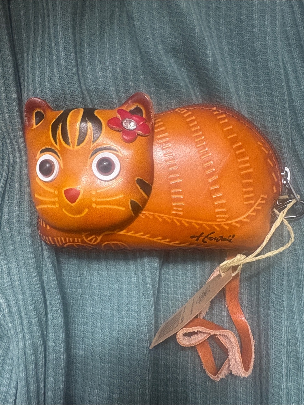 Hand-Painted Orange Cat Leather Coin Pouch with Wrist Strap